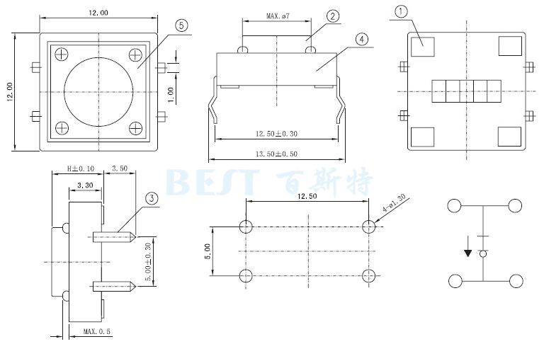 輕觸開(kāi)關(guān)TS-1103封裝規(guī)格圖紙 輕觸開(kāi)關(guān)TS-1103封裝規(guī)格圖紙
