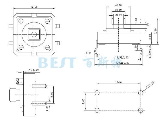 輕觸開(kāi)關(guān)TS-1103C封裝規(guī)格圖紙 輕觸開(kāi)關(guān)TS-1103C封裝規(guī)格圖紙