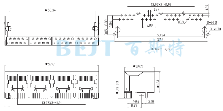 RJ45插座5621S 10P8C 1X4參考圖紙 RJ45插座5621S 10P8C 1X4參考圖紙